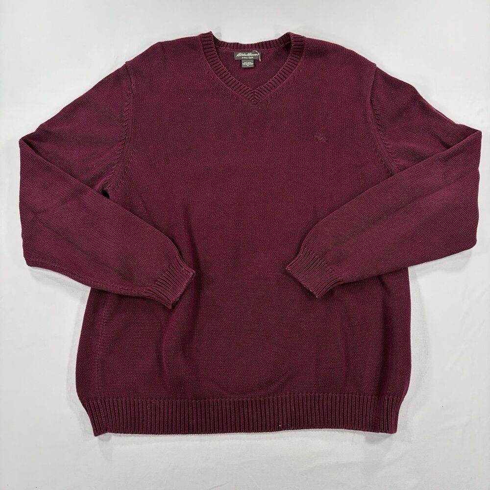 Vintage Eddie Bauer Sweater Mens Large Burgundy Cotton Knit V Neck Pullover